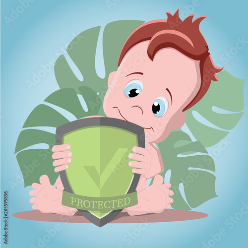 a child with blue eyes sits and holds a shield in his hands. text on shield «protected»
