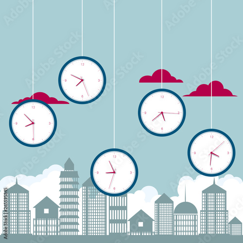 The clock hangs over the city. The background is blue.