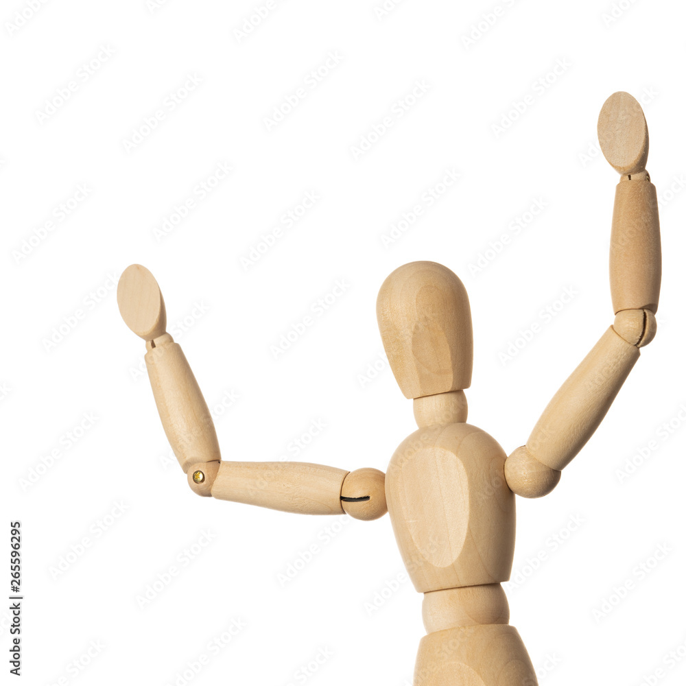 Wooden Mannequin with Arms Up Isolated on White Background Wooden Mannequin with Arms Up Isolated on White Background