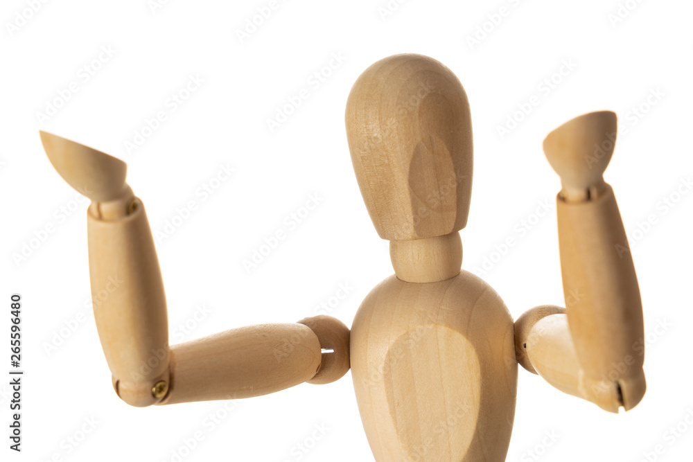 Wooden Mannequin with Arms Up Isolated on White Background Wooden Mannequin with Arms Up Isolated on White Background