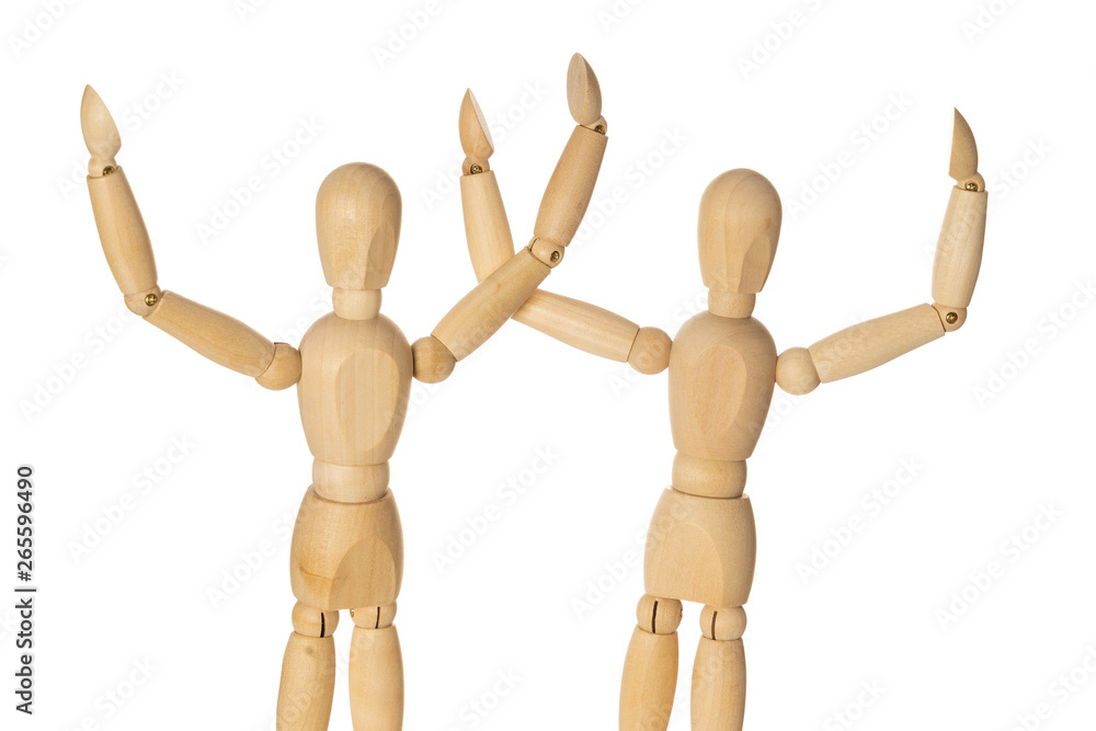 Two Wooden Mannequin Hands Up as Winners. Isolated White Background. Two Wooden Mannequin Hands Up as Winners. Isolated White Background.