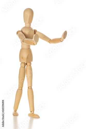 Wooden Mannequin with Arms Up Isolated on White Background