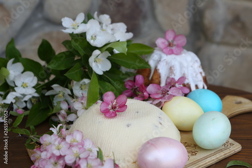 Easter cheese and painted eggs