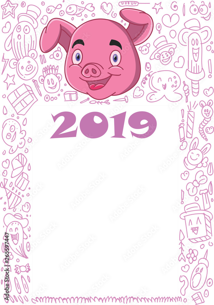 Vector illustration hand drawing of cute doodle monster pig cartoon new year Vector illustration hand drawing of cute doodle monster pig cartoon new year