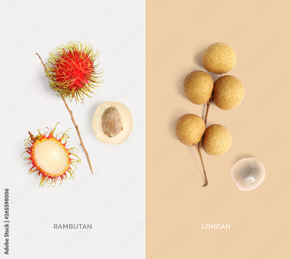 Creative layout made of rambutan and longan. Flat lay. Food concept. Creative layout made of rambutan and longan. Flat lay. Food concept.