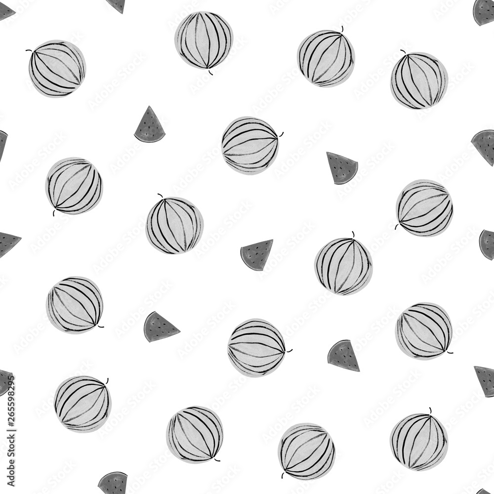 Seamless pattern of black and white watermelon and piecies of watermelon on white background. Watercolor pattern for printing on paper, textile, fabric. Seamless pattern of black and white watermelon and piecies of watermelon on white background. Watercolor pattern for printing on paper, textile, fabric.