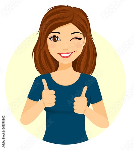 Young girl holding thumbs up. Character