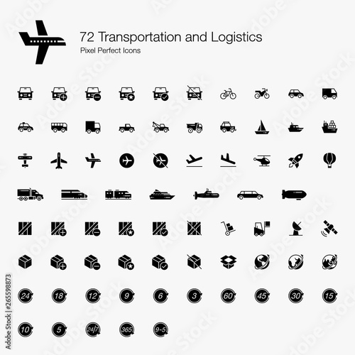 72 Transportation and Logistic Pixel Perfect Icons (Filled Style). Vector icons set for ground, air, and water vehicles and transports. Logistic  industry symbols for box, parcel, package, and global.