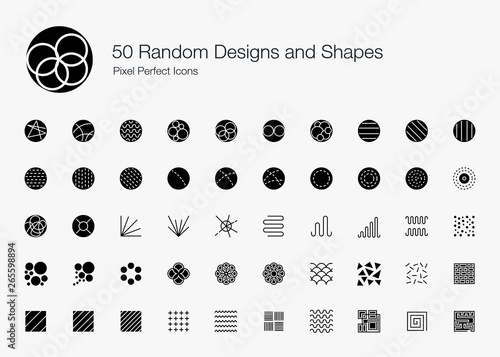 50 Random Designs and Shapes Pixel Perfect Icons (Filled Style). Vector icon set of random round circle pattern,  abstract lines, and shapes.