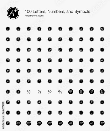 100 Letters, Numbers, and Symbols Pixel Perfect Icons (Filled Style). Vector icons of basic text, alphabet, and numbering in circle.