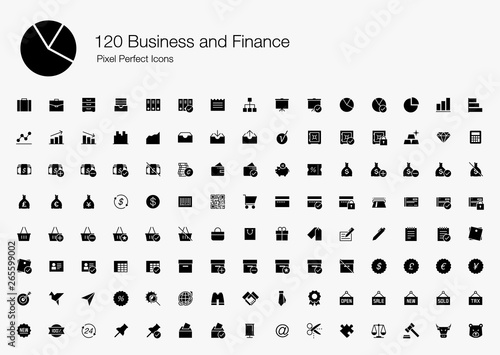 120 Business and Finance Pixel Perfect Icons (Filled Style). Vector icons set of business, office, financial, commercial, and analytic.