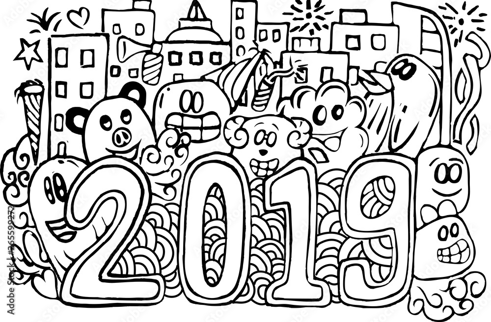 Vector illustration hand drawn of cute doodle bring 2019 number