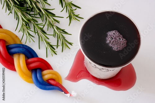 A Havdalah candle, wine cup and fragrant plant for the Havdala blessing after Shabbat