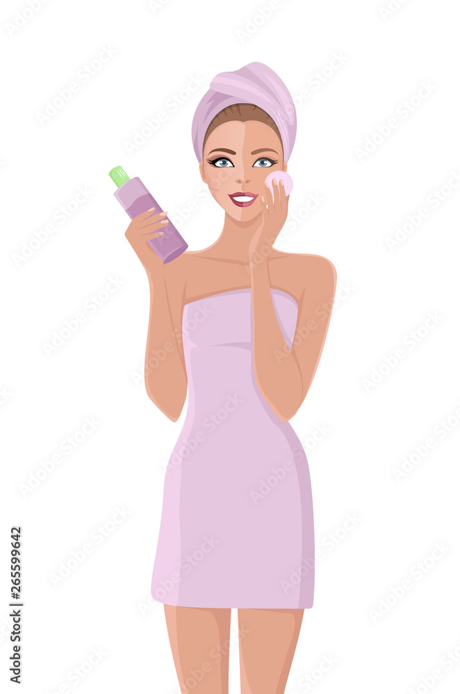 Skin care woman template in bath towel. Vector illustration of female applying cosmetic products on her face. Isolated on white. Skin care woman template in bath towel. Vector illustration of female applying cosmetic products on her face. Isolated on white.