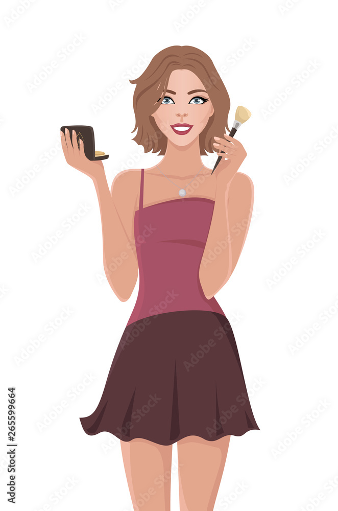Skin care woman template in casual dress. Vector illustration of female applying cosmetic products on her face. Isolated on white. Skin care woman template in casual dress. Vector illustration of female applying cosmetic products on her face. Isolated on white.