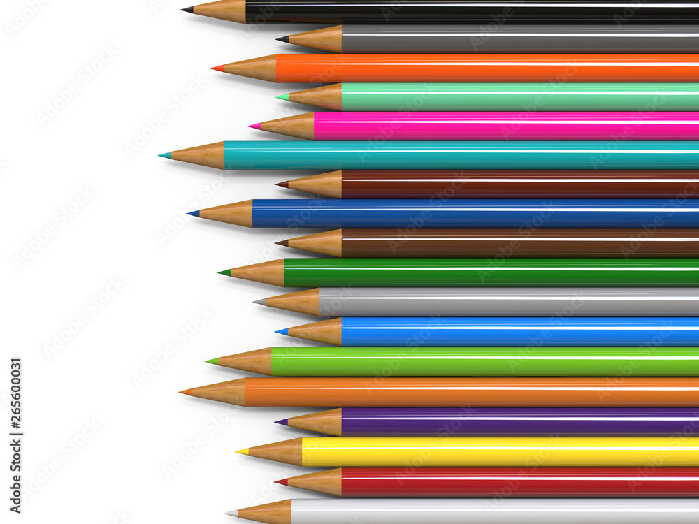 Fototapeta premium Collection of coloured pencils, crayons and drawing colour pencils on isolated white background, 3d illustration