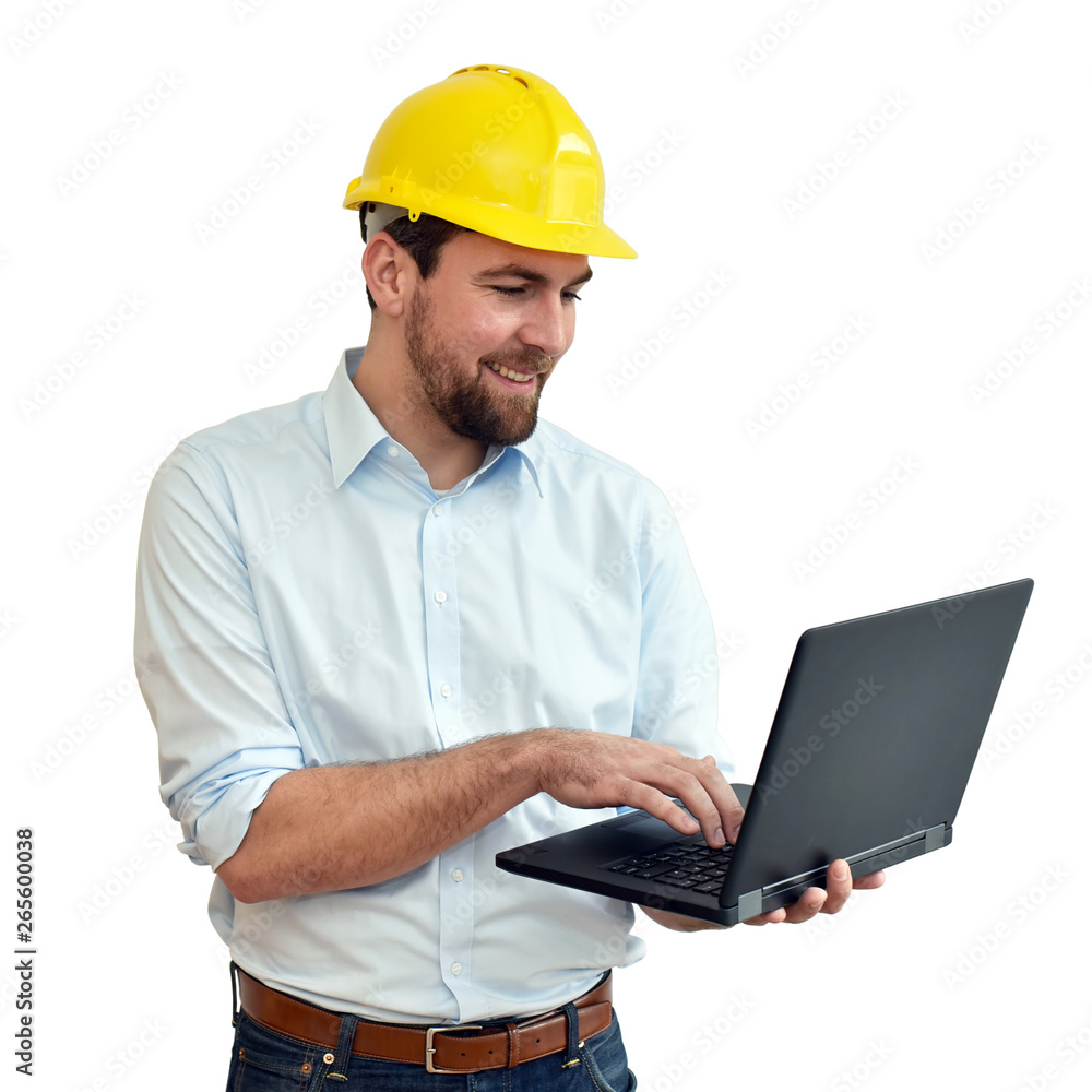 Architect / engineer at his desk planning the construction of a house - white background Architect / engineer at his desk planning the construction of a house - white background