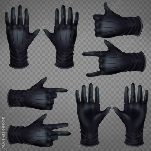 Pair of black leather gloves with seams top, back view, shoving thumbs up, victory, horns, shoot hand signs, pointing gesture, count on fingers realistic vector set isolated on transparent background