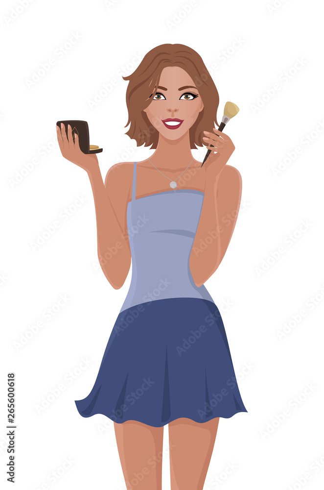 Skin care woman template in casual dress. Vector illustration of female applying cosmetic products on her face. Isolated on white. Skin care woman template in casual dress. Vector illustration of female applying cosmetic products on her face. Isolated on white.