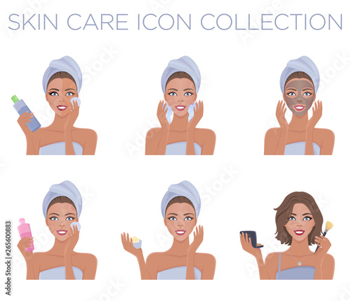 Skin care daily routines icon set. Vector illustration of female applying step by step cosmetic products on her face.