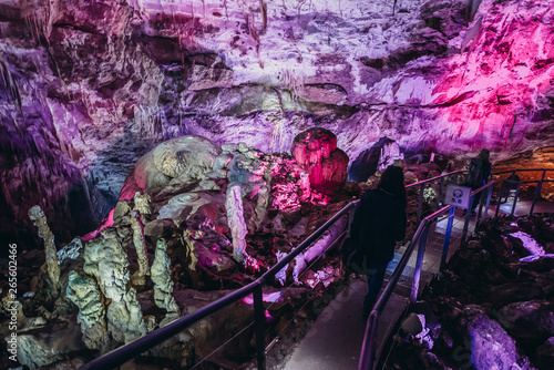 Illuminated Prometheus Cave in Imereti province  Georgia