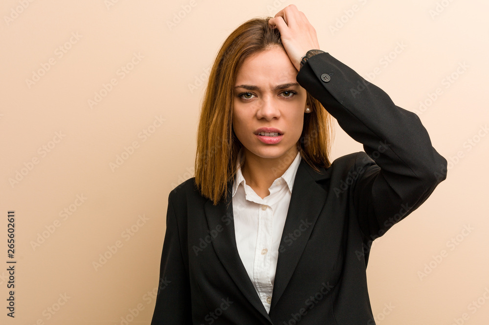 Young caucasian business woman tired and very sleepy keeping her hand on her head. Young caucasian business woman tired and very sleepy keeping her hand on her head.