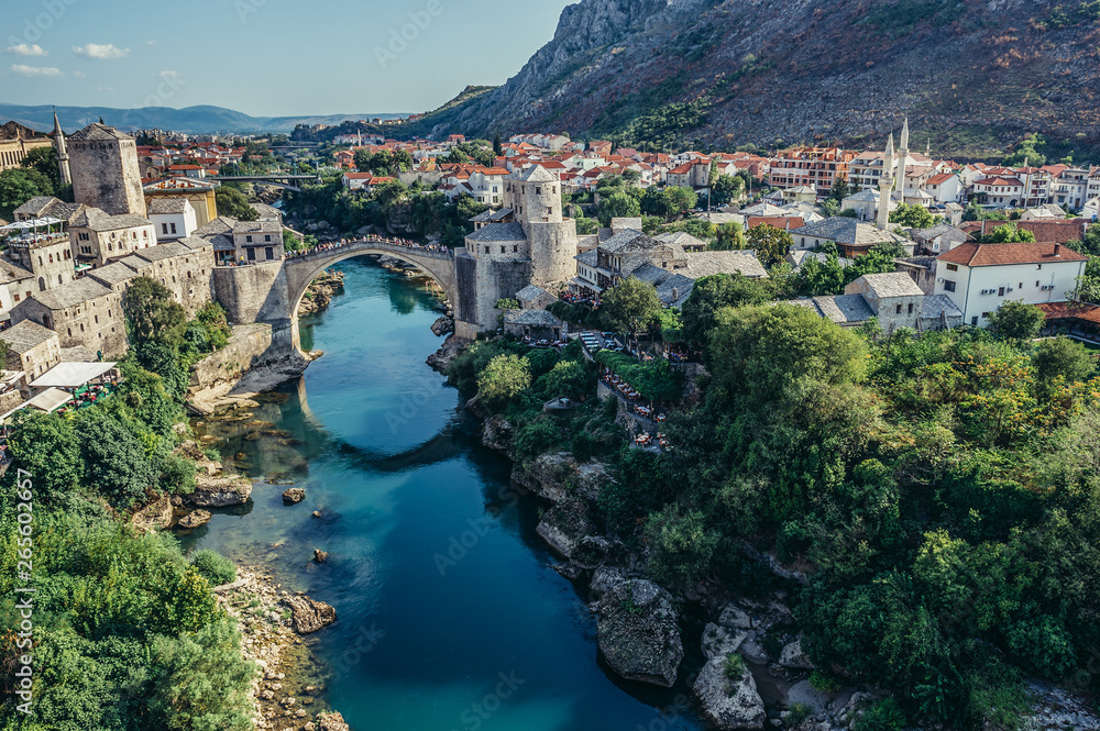 View with Stari Most, reconstructed 16th century Ottoman bridge, main attraction of Mostar Old Town, Bosnia and Herzegovina