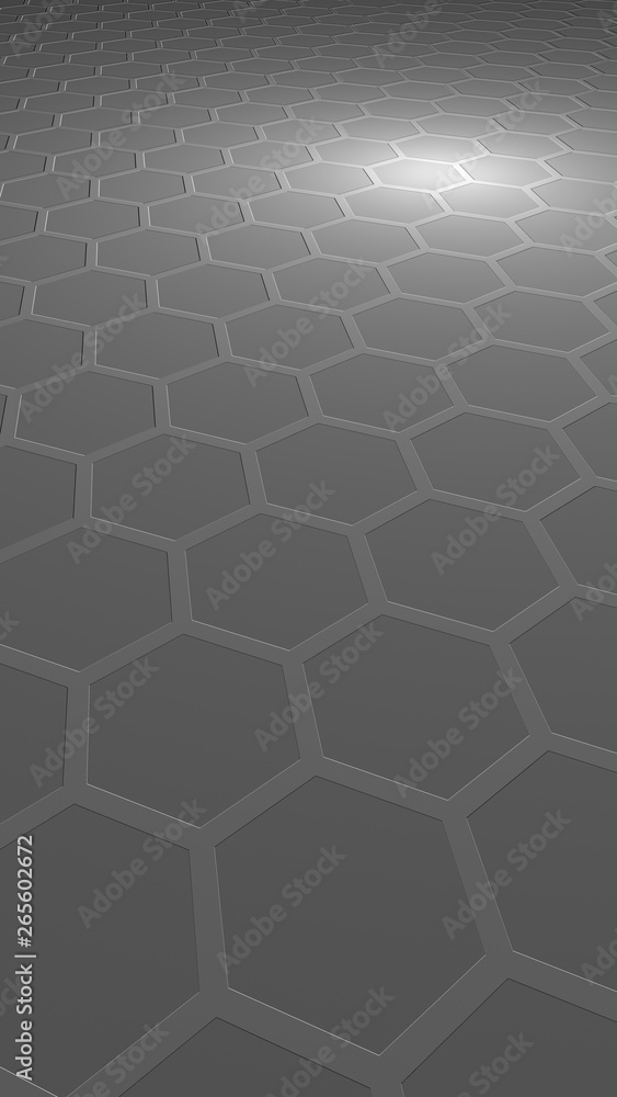Fototapeta premium Plaster miodu na szarym tle. Widok perspektywiczny na wielokąt wygląda jak plaster miodu. Wytłaczana, wypukła komórka. Geometria izometryczna. Orientacja obrazu w pionie. Ilustracja 3D
