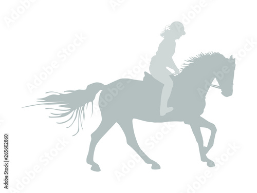 Elegant racing horse in gallop vector silhouette isolated on white background. Jockey lady riding horse. Hippodrome sport event. Entertainment gambling. Equestrian rider in jumping over barrier show. © dovla982