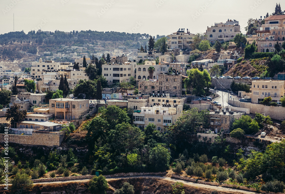 Fototapeta premium Aerial view of houses on one of the hills close to the Old Town of Jerusalem, Israel