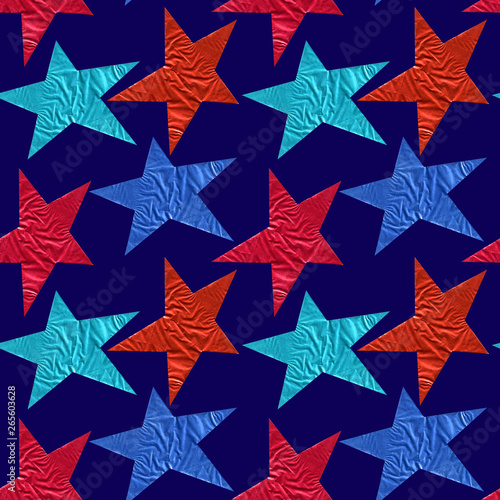 Seamless pattern with blue and red stars on a blue background