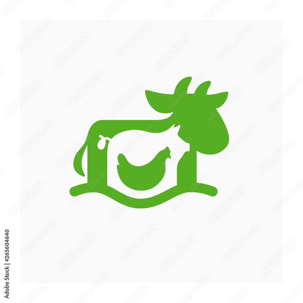 Organic farm icon with cow, pig and chicken. Symbol for livestock branding. Green vector sign for farmers market, healthy eating, butcher, agricultural business. Illustration domestic animals Organic farm icon with cow, pig and chicken. Symbol for livestock branding. Green vector sign for farmers market, healthy eating, butcher, agricultural business. Illustration domestic animals