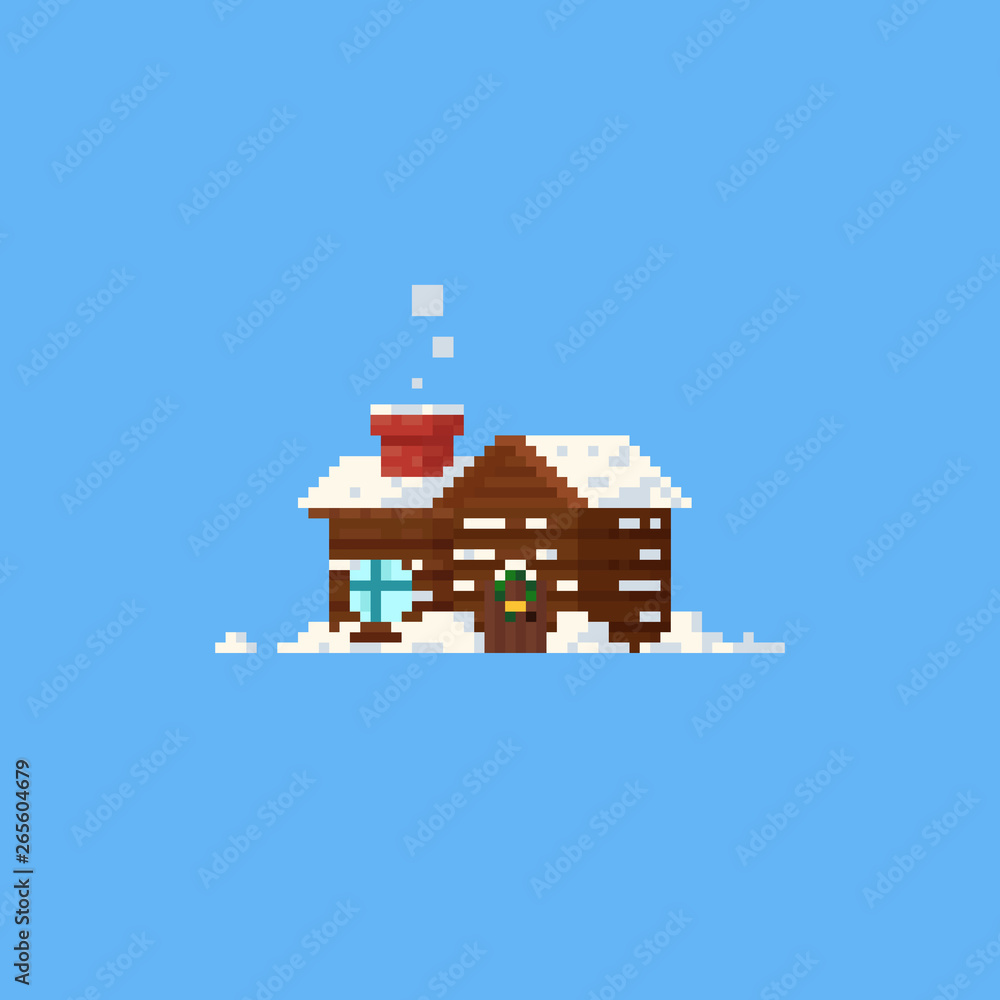 Pixel cabin with snow,Christmas.8bit.