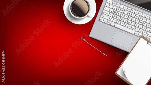 Home Business Place Working Desk Flat Lay Vector. Clipboard With Lists Of Paper, Opened Laptop Near Espresso Coffee Mug On Plate And Red Pen On Desk. Copy Space Top View Illustration