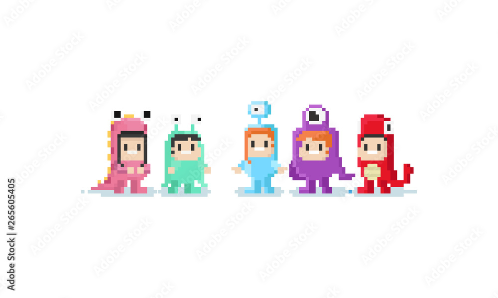 Pixel children in monster costume.8bit character.