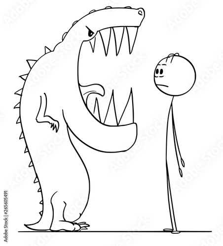 Cartoon stick figure drawing conceptual illustration of shocked man watching big teeth in mouth of dangerous lizard monster.