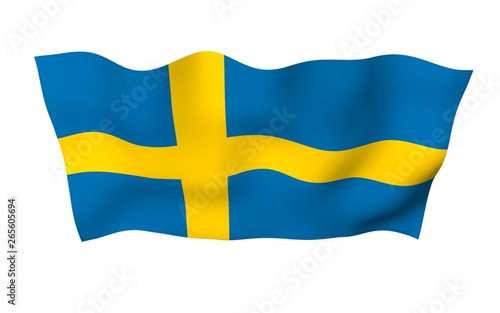 The flag of Sweden. Official state symbol of the Kingdom of Sweden. A blue field with a yellow Scandinavian cross that extends to the edges of the flag. 3d illustration