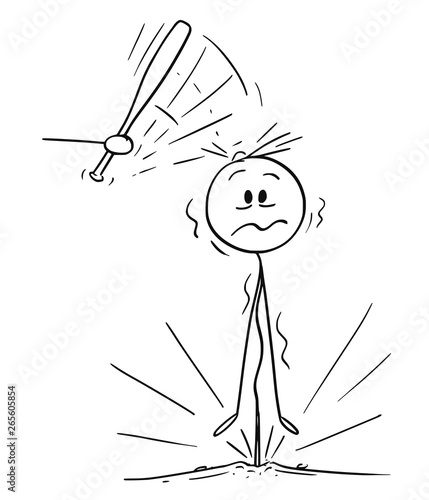 Cartoon stick figure drawing conceptual illustration of hand holding baseball bat beating man or businessman into head and hammering him in to ground.