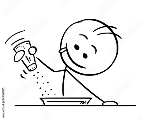 Cartoon stick figure drawing conceptual illustration of happy hungry man holding salt shaker and using pepper, salt or spice on food or soup.