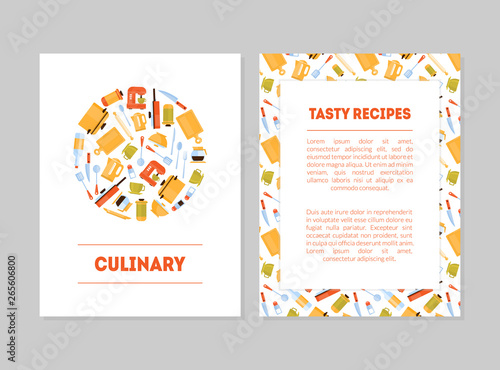 Culinary, Tasty Recipes Banner Templates Set, Cards with Place for Text and Kitchen Utensils for Food Preparation, Label, Branding Identity, Certificate, Flyer Vector Illustration