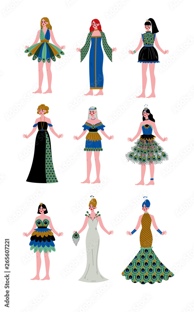 Collection of Beautiful Women Wearing Elegant Dresses Decorated with Peacock Feathers Vector Illustration