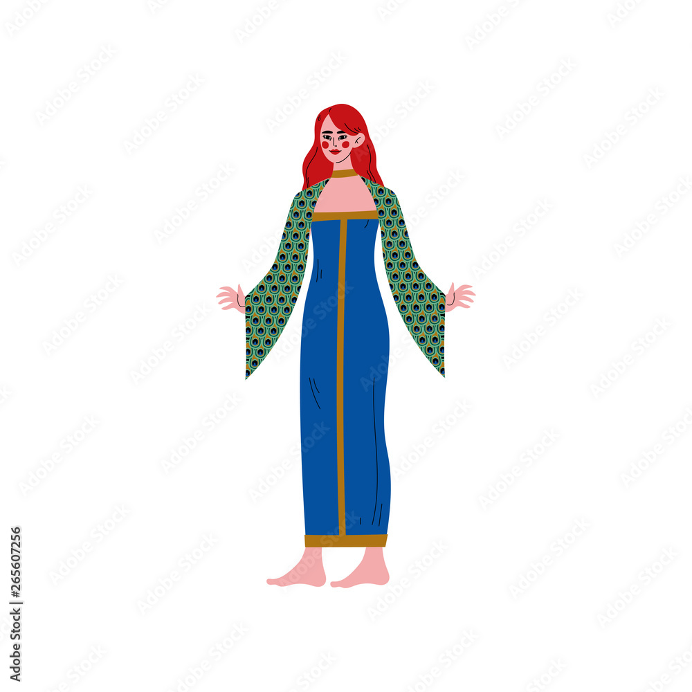 Beautiful Young Redhead Woman Wearing Elegant Dress with Pattern of Peacock Feathers on Sleeves Vector Illustration