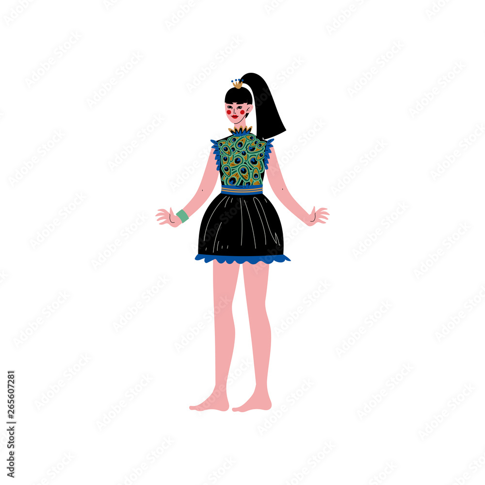 Beautiful Brunette Young Woman Wearing Short Dress with Pattern of Peacock Feathers Vector Illustration Beautiful Brunette Young Woman Wearing Short Dress with Pattern of Peacock Feathers Vector Illustration