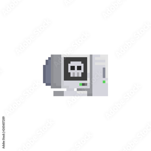 Pixel desktop computer with skull on the screen.8bit icon.