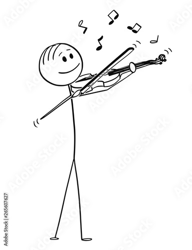 Cartoon stick figure drawing conceptual illustration of musician violinist playing music on violin. Musical notes are coming from the instrument.