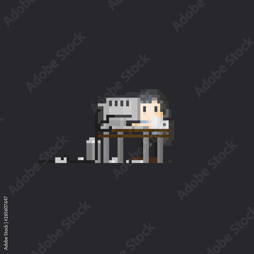 Pixel hard working man with office's computer.8bit.