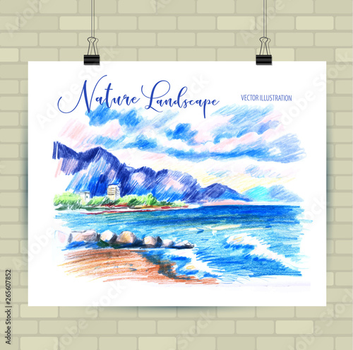Sketching illustration in vector format. Poster with beautiful seascape . Hand drawn illustration.