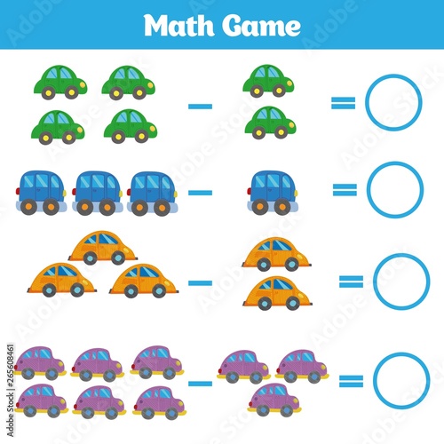 Mathematics educational game for children. Learning subtraction worksheet for kids, counting activity. Vector illustration