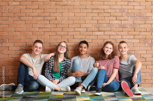 Group of teenagers sitting on floor near brick wall photo