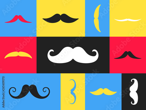 Seamless pattern with mustaches flat style design vector illustration. Black mustaches isolated on square color shapes background.